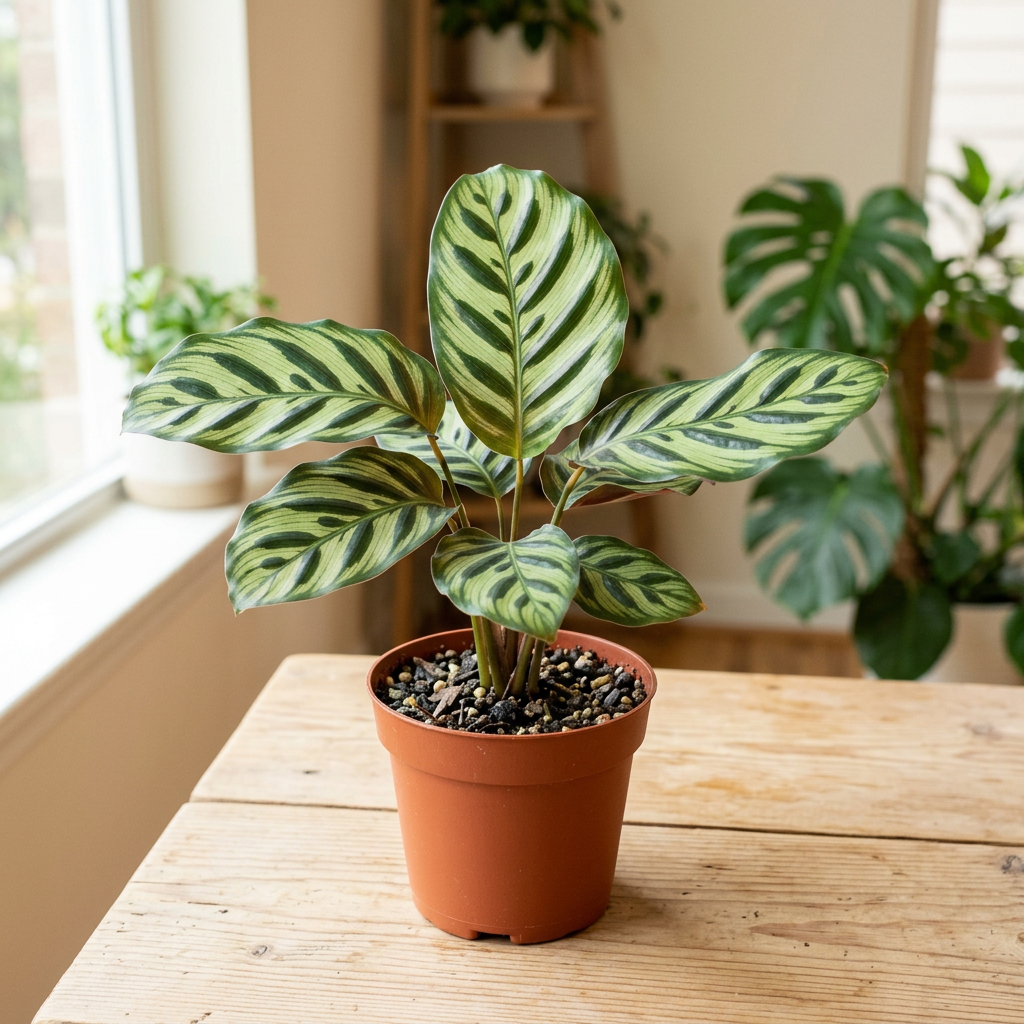 Illustration of a small Calathea Helen Kennedy with patterned green foliage in a 4.5-inch nursery pot indoors.