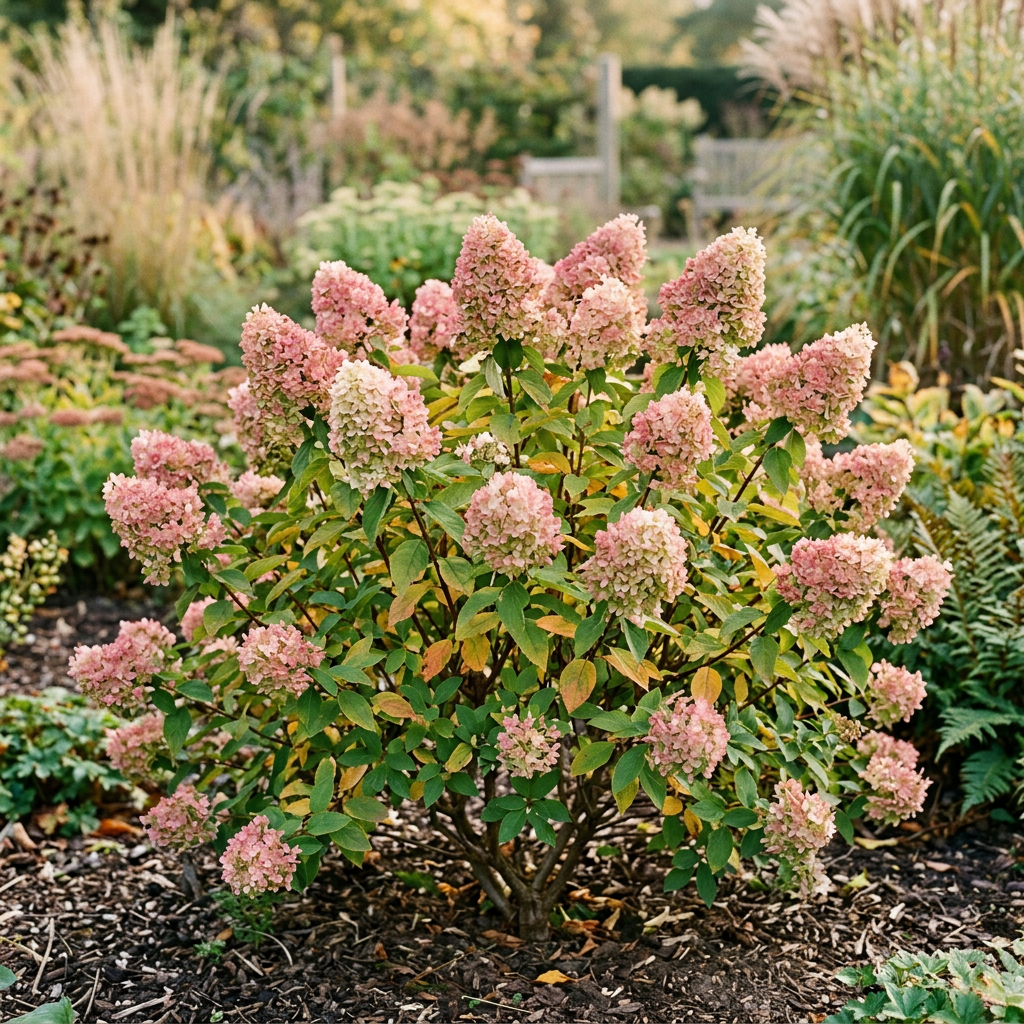 Representative established Little Lime hydrangea in fall with blush-pink and rosy flower panicles