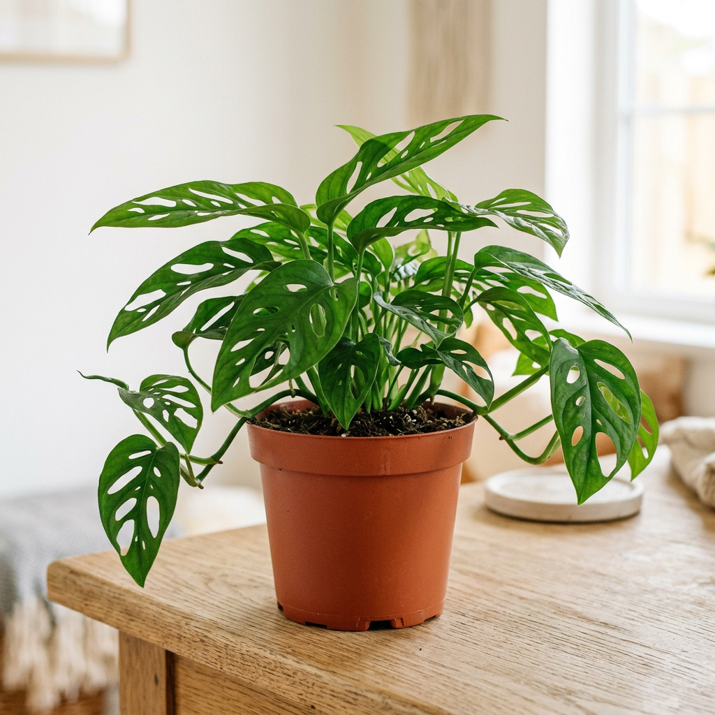 Illustration of a young Monstera adansonii in a 6-inch nursery pot indoors, with green leaves and natural oval openings.