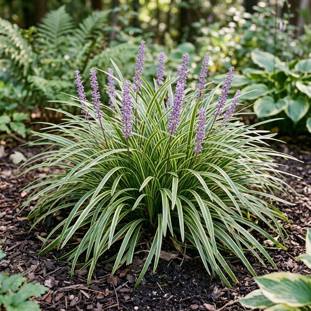Liriope ‘Variegata’ established in a garden after approximately three years
