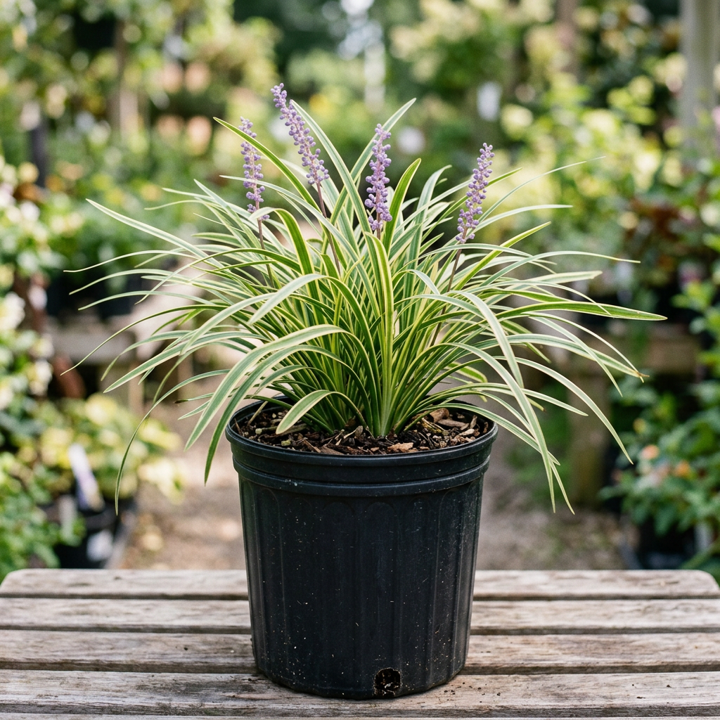 Liriope ‘Variegata’ in a one-gallon nursery pot