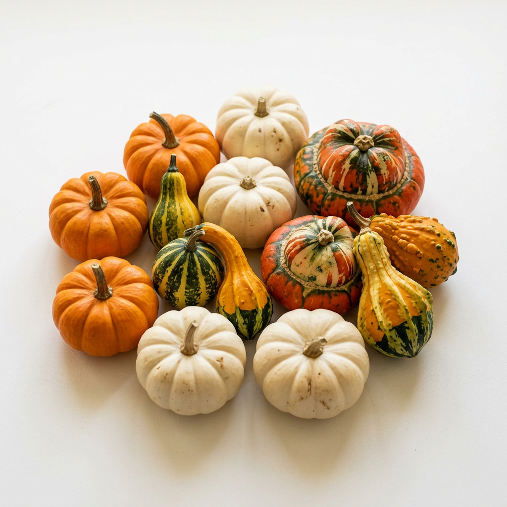 Orange and white mini pumpkins, small Turk’s Turban squash, and decorative gourds