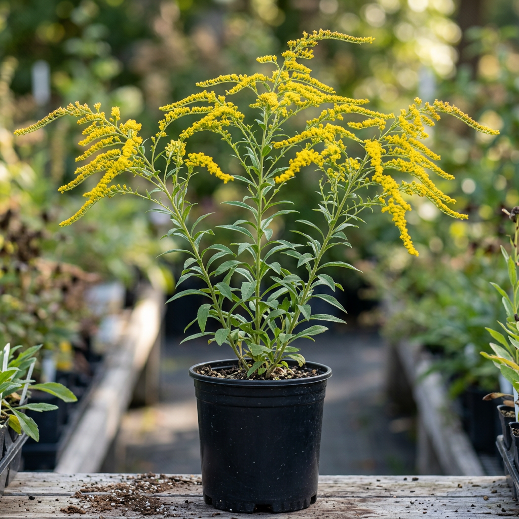 Solidago ‘Fireworks’ goldenrod in a nursery pot