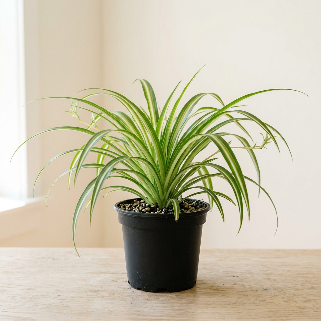 Spider Plant in a black plastic nursery pot