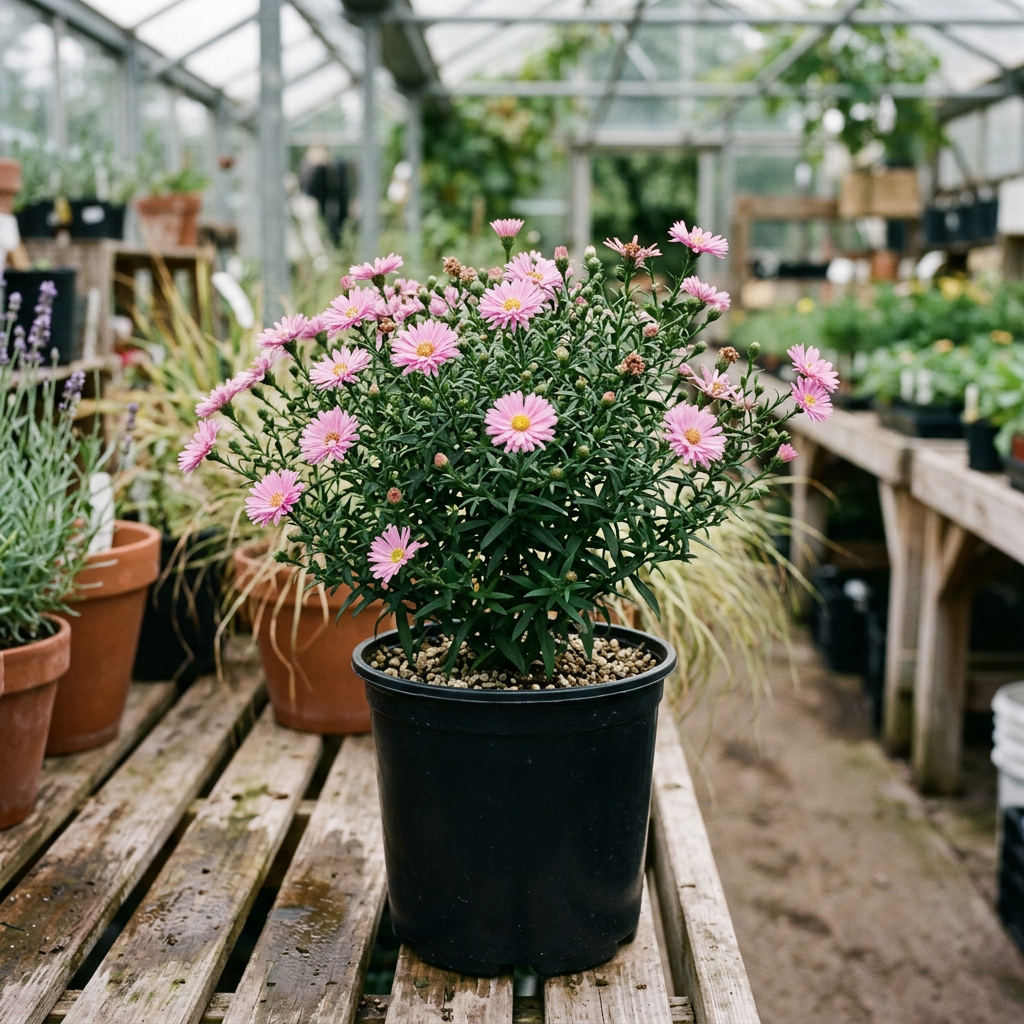 Wood’s Pink aster in a clean nursery pot